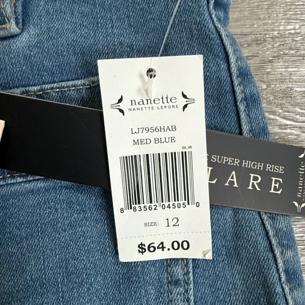 Nanette Lepore Jolie Super High Rise Flare Jeans Medium Blue Raw Hem Size 12 NEW
